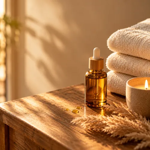 Massageöl, gefaltete Handtücher und Kerze auf einem Holzregal