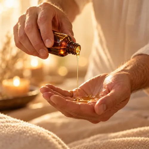 Hände, in die warmes Massageöl fließt