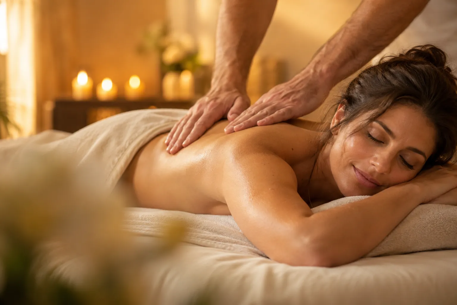 Frau entspannt mit geschlossenen Augen auf der Massageliege, während Hände ihre Schultern massieren, im Hintergrund Kerzenlicht