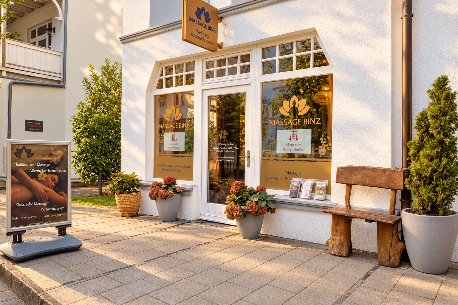 Eingang der Praxis Massage Binz in der Paulstraße im Abendlicht, mit Blumenkübeln vor den Bogenfenstern