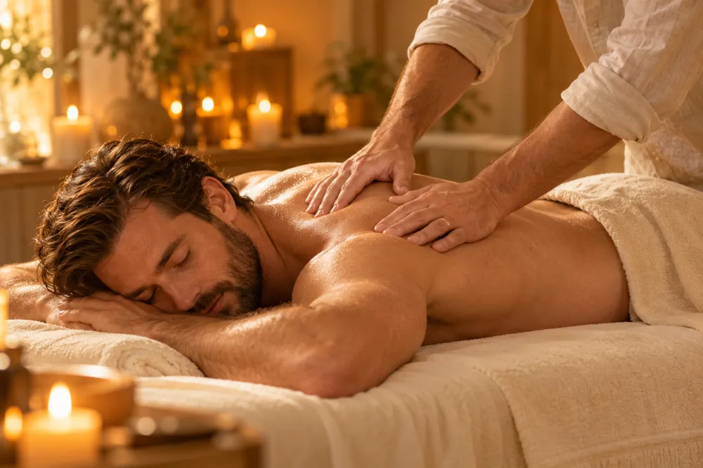 Mann entspannt bei einer Rückenmassage im Kerzenlicht