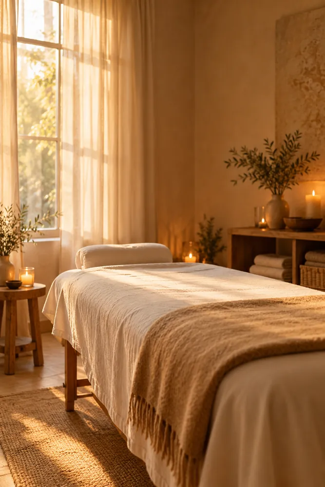 Heller Behandlungsraum mit Massageliege und Sonnenlicht durch Leinenvorhänge